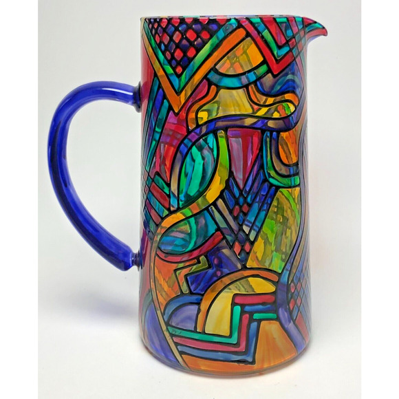 Signed by Artist Hand Blown Mosaic Faux Stained Art Glass 7.75" Serving Pitcher - Picture 1 of 7
